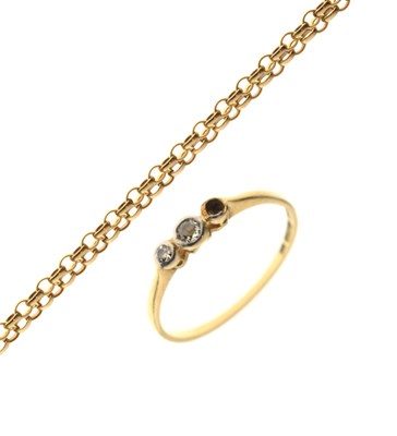 Lot 148 - Three-stone diamond ring (a/f) and a 9ct gold chain