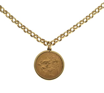 Lot 232 - Edward VII sovereign 1909, mounted in a 9ct gold pendant necklace