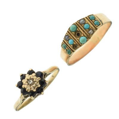 Lot 36 - Turquoise and seed pearl yellow metal ring and a sapphire and diamond cluster 9ct gold ring (2)