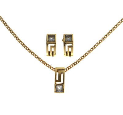 Lot 149 - Topaz yellow metal earring and pendant suite with a 9ct gold chain