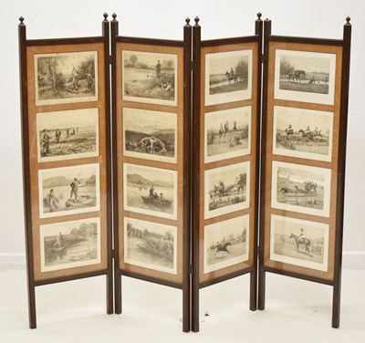 Lot 645 - Edwardian four-fold screen with hunting engravings