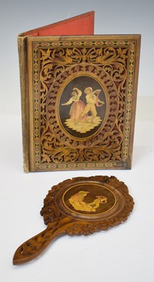 Lot 284 - Italian Sorrento ware inlaid olive wood blotter and hand mirror