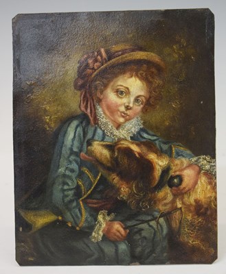 Lot 577 - 19th century oil on copper panel - Child in blue with a dog