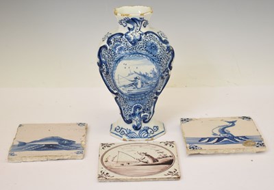 Lot 411 - 18th century Dutch Delft vase plus three delftware tiles