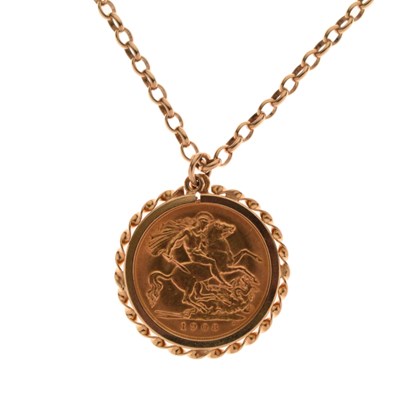 Lot 231 - Edward VII gold half sovereign, 1908, in 9ct frame with belcher link 9k chain