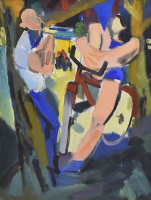 Lot 395 - Peter Laurent de Francia, (Italian-British, 1921-2012) - Oil on linen - Couple on Red Bicycle