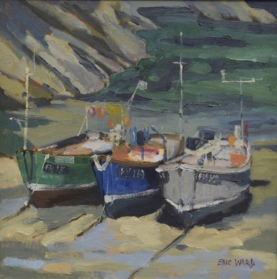 Lot 381 - Eric Ward (British, b.1945) - Oil on board - 'Fishing Boats, Portloe'