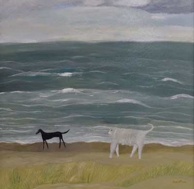 Lot 390 - Sheila McInnes (Scottish, b.1963) - Acrylic on board - 'Two Dogs Walking the Shore'