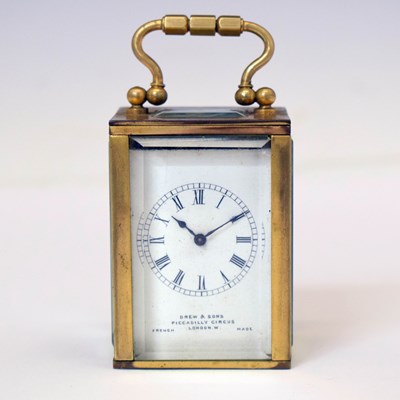 Lot 625 - Early 20th century brass miniature carriage timepiece, Drew & Sons