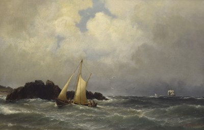 Lot 296 - Carl Ludwig Bille (Danish, 1815-1898) - Oil on canvas - Sailing boat on a rough sea