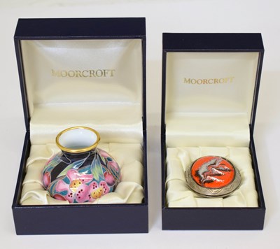Lot 461 - Moorcroft - A miniature enamel vase of compressed ovoid form, etc