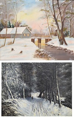 Lot 568 - 20th century - Oils on board and canvas - Two winter landscapes