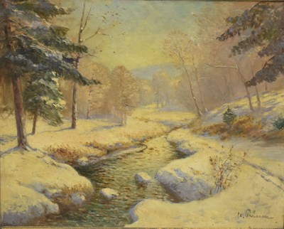 Lot 590 - Clemens Prüssen (German, 1888-1966) - Oil on canvas - Winter riverside landscape