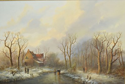 Lot 558 - S. Twine (20th century) - Oil on canvas - Dutch Winter landscape with mill
