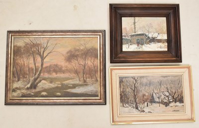 Lot 560 - 20th century - Oils on board and canvas - Three winter landscapes
