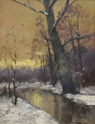 Lot 562 - Oswald Joy (German, 20th century) - Oil on canvas - Winter riverside scene
