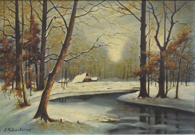 Lot 563 - F. Müller-Nürberg (20th century) - Oil on canvas - Winter woodland riverside scene
