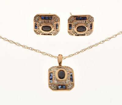 Lot 100 - Sapphire and diamond 9ct gold pendant necklace and earrings