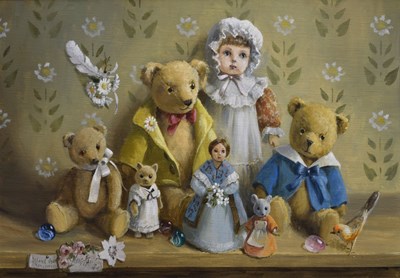 Lot 354 - Deborah Jones (British, 1921-2012) - Oil on canvas - ‘Bears & Doll on a Shelf’