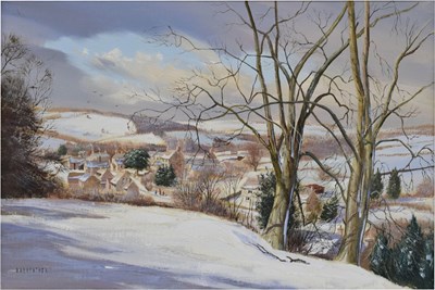 Lot 588 - Michael David Barnfather (British, b.1934) - Oil on canvas - 'Snow at Beeley'