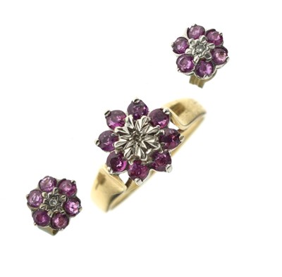 Lot 76 - Ruby and diamond 9ct gold cluster ring, and matching earrings (2)