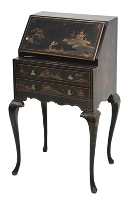 Lot 635 - Early 20th century black lacquer chinoiserie decorated fall front bureau