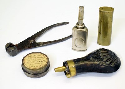 Lot 442 - Early 20th century powder flask, together with a P.Cutts patent brass shot flask