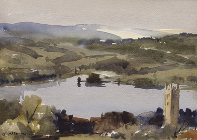Lot 339 - Edward Wesson (British, 1910-1983) - Watercolour - Blagdon Lake and Church