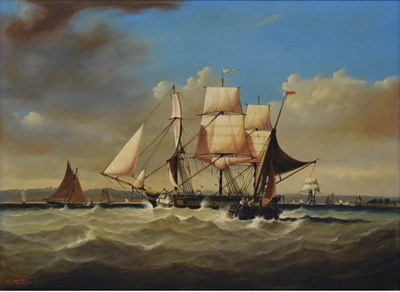 Lot 642 - Robert Moore (b.1945) - Oil on canvas - 'Bound for the Sea, Shipping on the Severn'