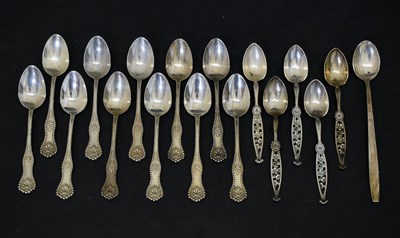 Lot 338 - Set of eleven white-metal demi tasse coffee spoons, etc