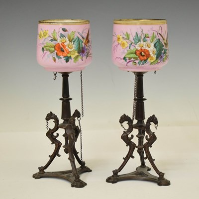Lot 472 - Pair of late 19th century cast metal and porcelain stands bearing a label 'E G Zimmermann Hanau'