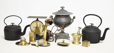 Lot 347 - Quantity of kitchen items, iron kettle, and brass desk set, mortar & pestle, etc