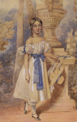 Lot 637 - 19th Century English School - watercolour - young girl before a funerary urn