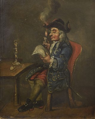 Lot 294 - English School, Early 19th century - Oil on board - Gentleman reading the London Gazette