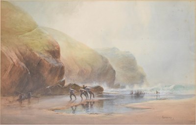 Lot 638 - Charles E. Hannaford (1863-1955) - Watercolour - Hauling in the wreck