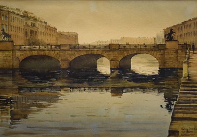 Lot 498 - Russian School - Watercolour - river bridge, St. Petersburg