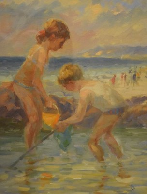 Lot 579 - Barry Paine - oil on board - Children on the beach 2000