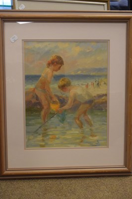 Lot 579 - Barry Paine - oil on board - Children on the beach 2000