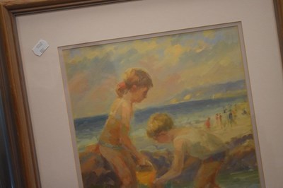 Lot 579 - Barry Paine - oil on board - Children on the beach 2000