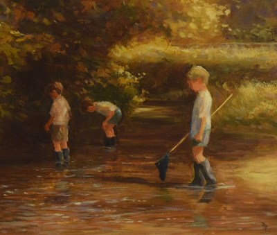 Lot 580 - Barry Paine - oil on board - Boys fishing