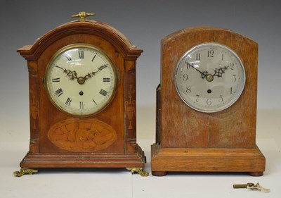 Lot 685 - Early 20th century single chain fusee mahogany inlaid mantel clock