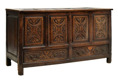 Lot 443 - Early George III carved oak mule chest