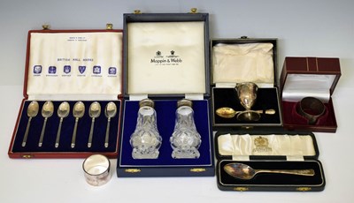 Lot 305 - Elizabeth II cased set of Mappin and Webb British hallmarks coffee spoons, cased egg cup and spoon etc