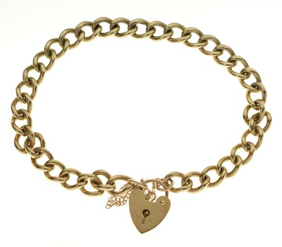 Lot 160 - 9ct gold curb link bracelet and yellow metal heart padlock, 24.4g gross approx