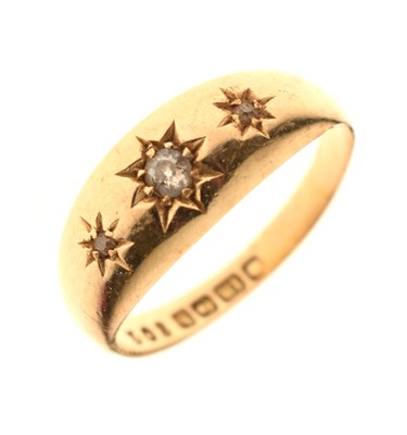 Lot 64 - Edwardian 18ct gold and three-stone diamond gypsy set ring, hallmarked Birmingham 1907