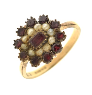 Lot 93 - 9ct gold, garnet and pearl cluster ring, size O½, 2.9g approx