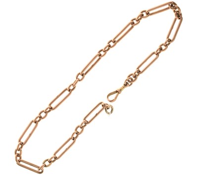 Lot 152 - Late Victorian or Edwardian yellow metal (9C) 'rose gold' trombone link Albert chain, 36.4g