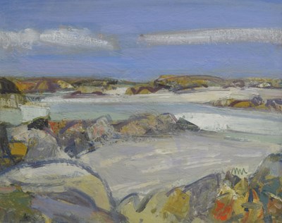 Lot 318 - Gordon Bryce, RSA, RSW (Scottish b. 1943) - Oil on board - 'Traigh Beach, Arisaig'