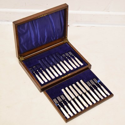 Lot 392 - Cased set of twelve mother-of-pearl handled dessert knives and forks