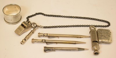 Lot 342 - Collection of mechanical pencils, whistles, silver napkin ring and silver vesta case